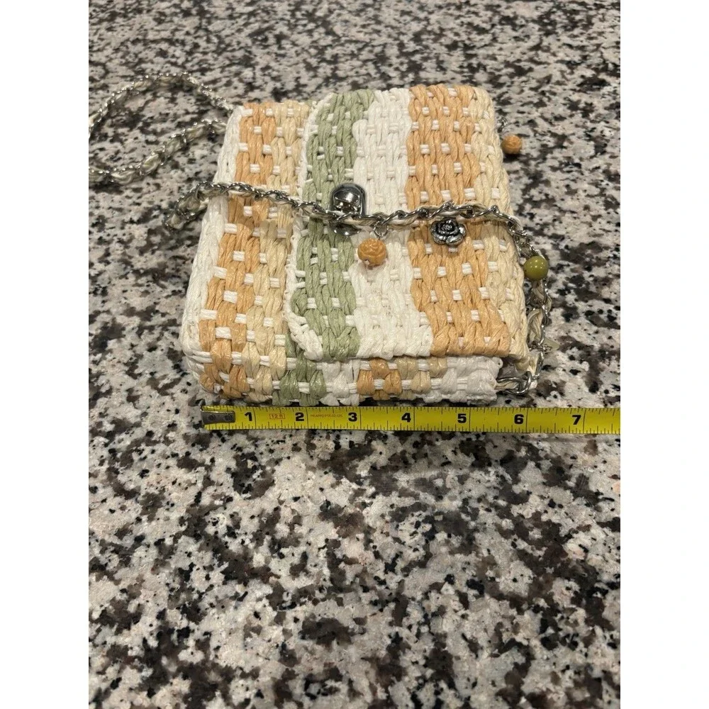 Cappelli Straworld Pastel Striped Woven Straw Raffia Crossbody Purse W/Charms